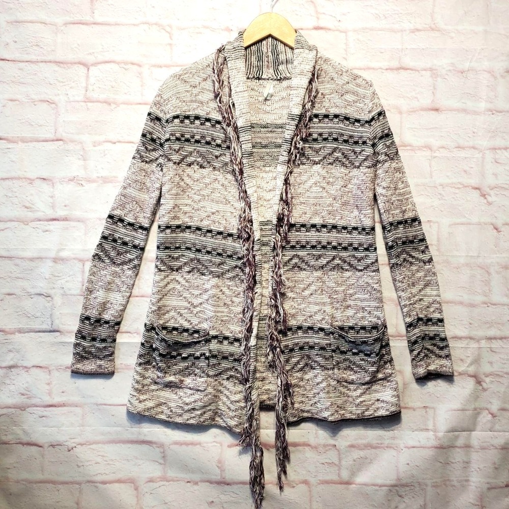 Vanity Open Front Cardigan Sweater Womens Small Maroon White Fringe‎ Boho Aztec